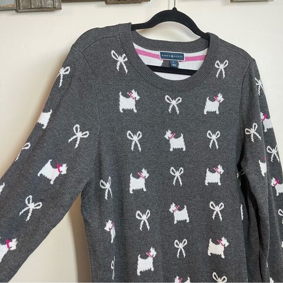 Karen Scott Gray Crew Neck Sweater with Playful Dog Bow Pattern Extra Large - Picture 6 of 10